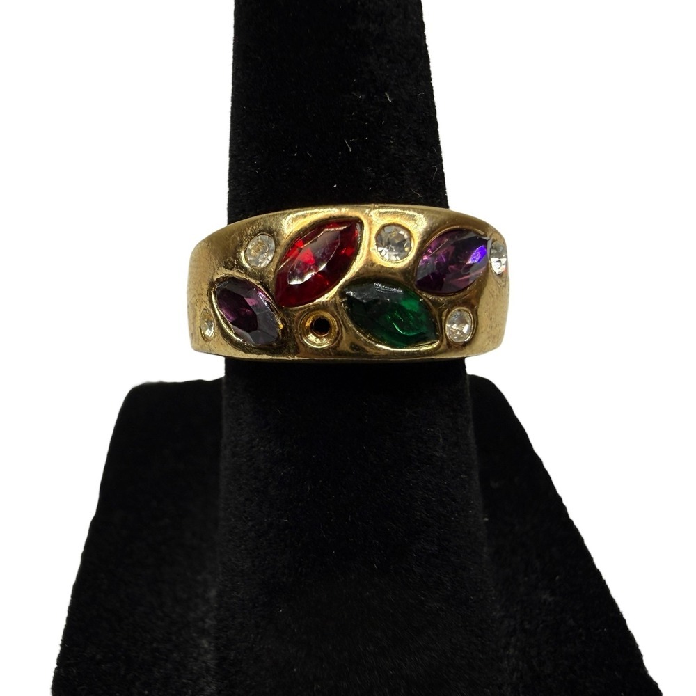 Vintage 18K GE Gold Electroplated Multi-Color Gemstone Band Ring Fashion Sz 4.5
